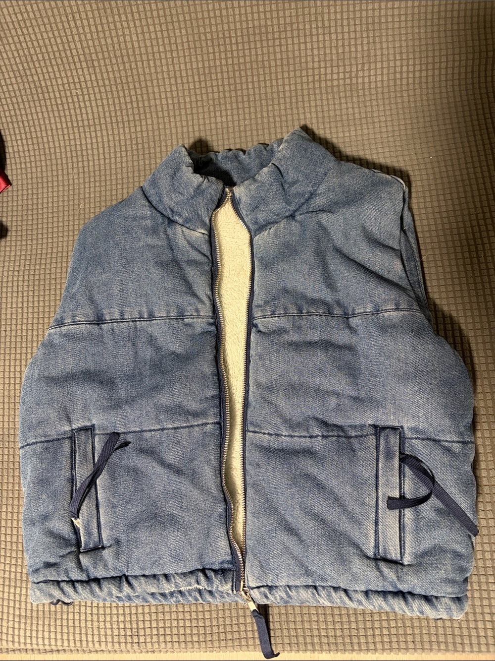 Fashion Nova Crop Denim-Look Puffer Vest in Light Blue